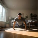 ‘나만의 루틴이 트렌드’…웰니스 문화 속 삶의 여유 찾기 Man doing push-ups in a sunlit living room.