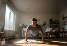 ‘나만의 루틴이 트렌드’…웰니스 문화 속 삶의 여유 찾기 Man doing push-ups in a sunlit living room.