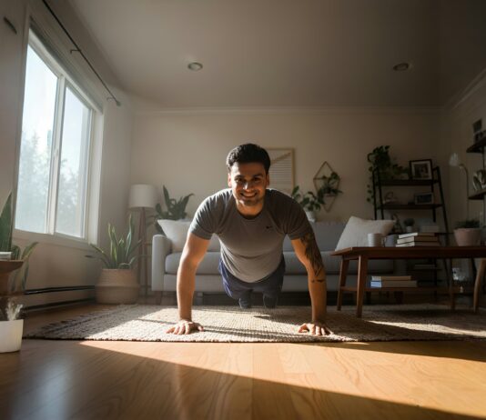 ‘나만의 루틴이 트렌드’…웰니스 문화 속 삶의 여유 찾기 Man doing push-ups in a sunlit living room.